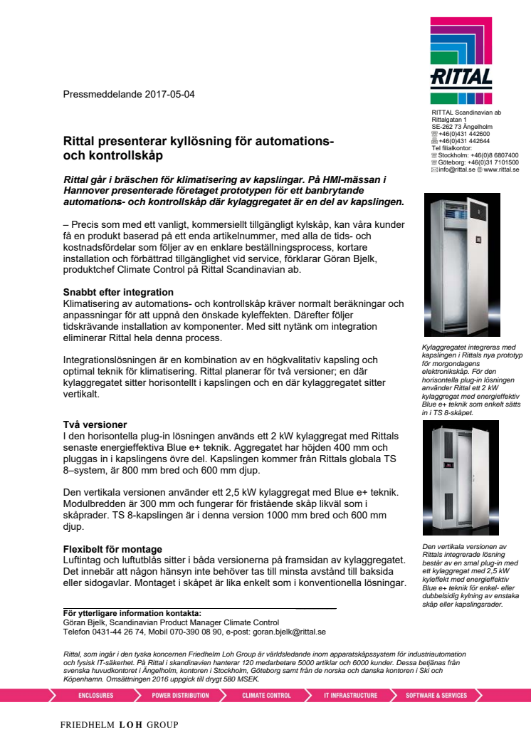 Rittal presenterar kyllösning för automations- och kontrollskåp