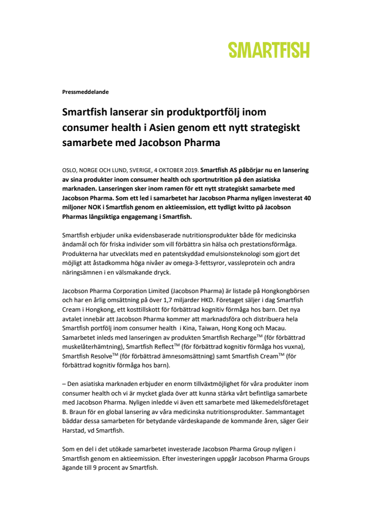 Smartfish lanserar sin produktportfölj inom consumer health i Asien genom ett nytt strategiskt samarbete med Jacobson Pharma