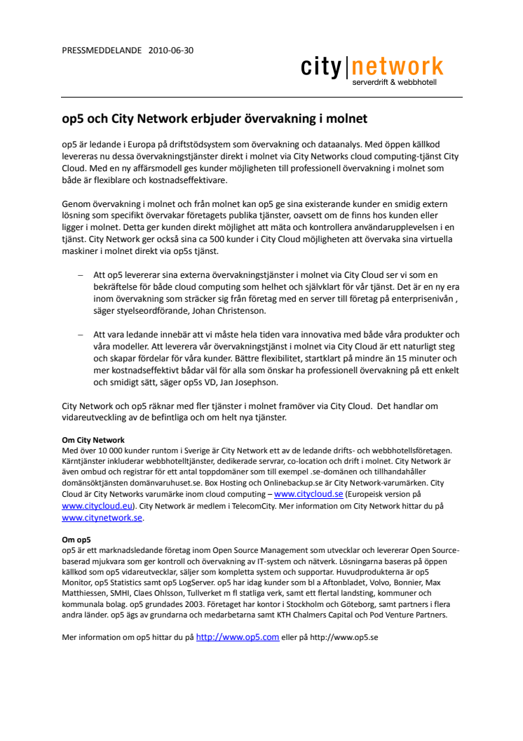 op5 och City Network erbjuder övervakning i molnet