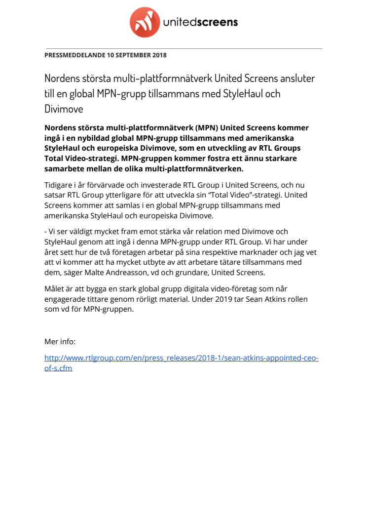 Nordens största multi-plattformnätverk United Screens ansluter till en global MPN-grupp tillsammans med StyleHaul och Divimove