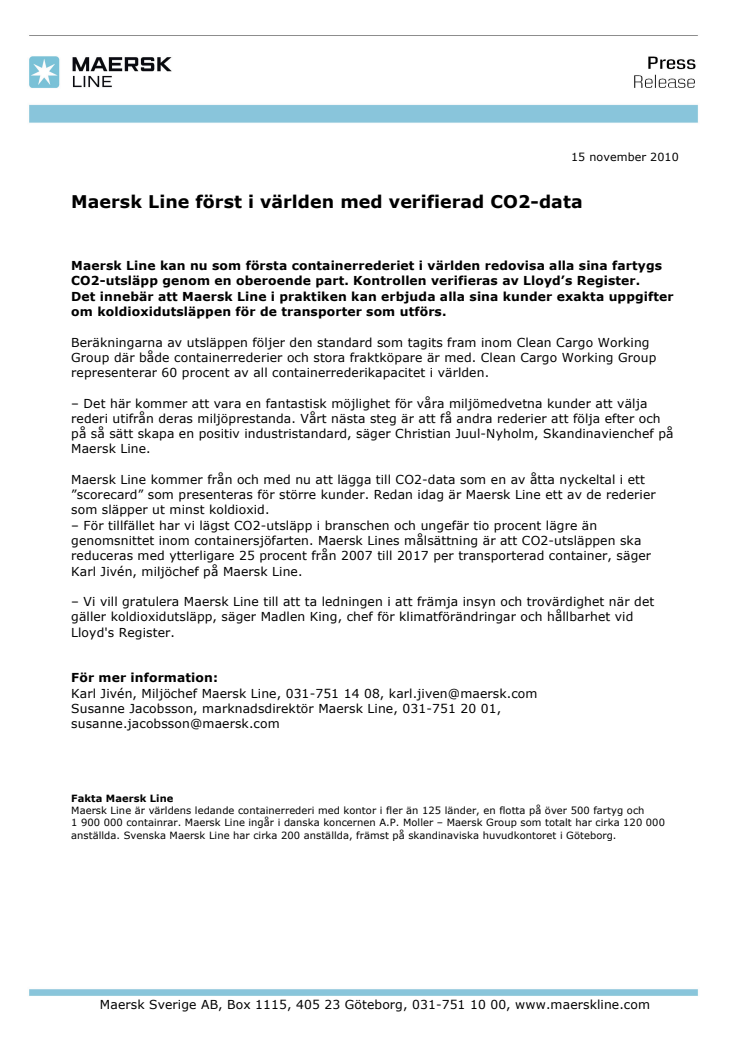 Maersk Line först i världen med verifierad CO2-data