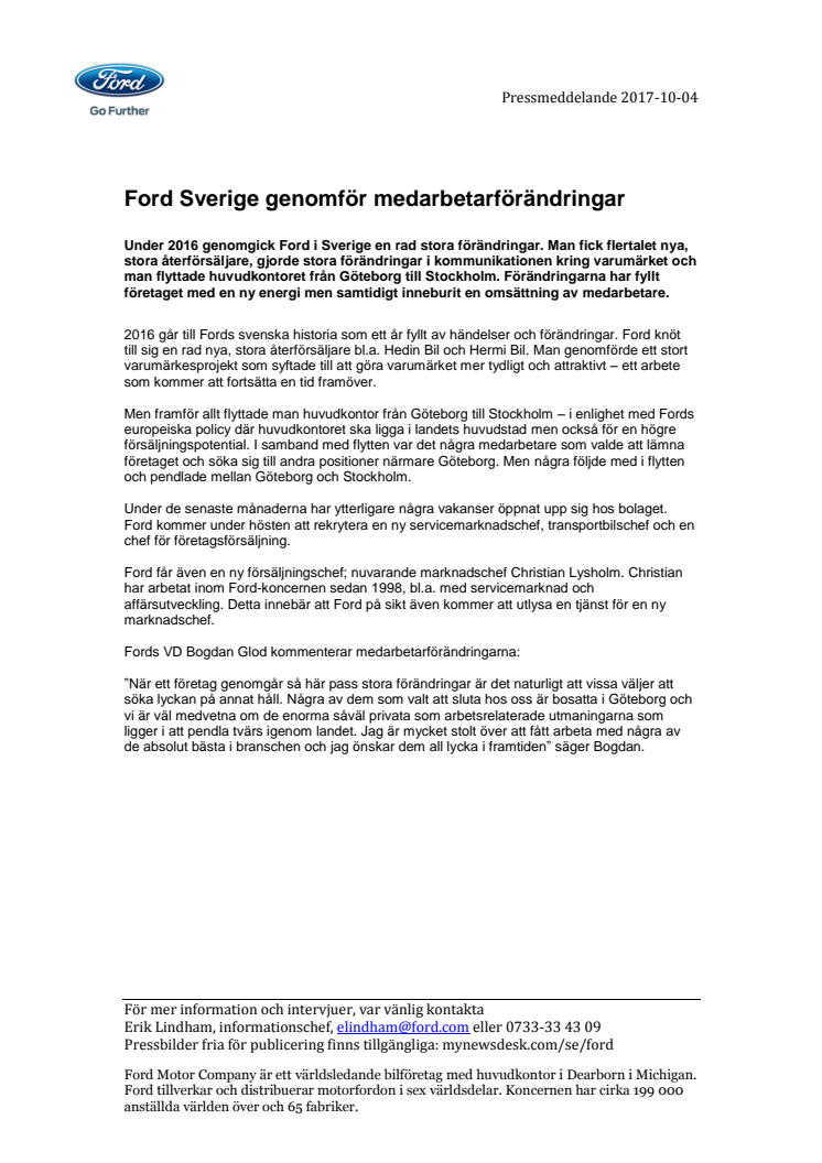 Ford Sverige genomför medarbetarförändringar