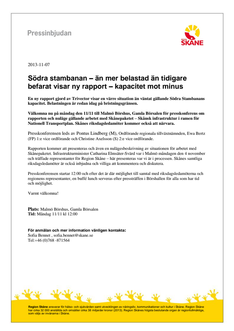 Presstäff 11/11 om ny mörk rapport om Södra Stambanan - träffa Skånes riksdagsledarmöter 