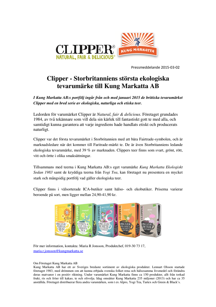 Clipper - Storbritanniens största ekologiska te-varumärke till Kung Markatta AB