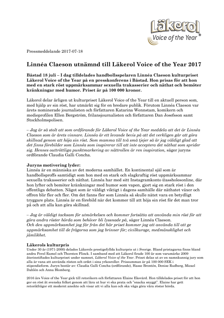 Linnéa Claeson utnämnd till Läkerol Voice of the Year 2017