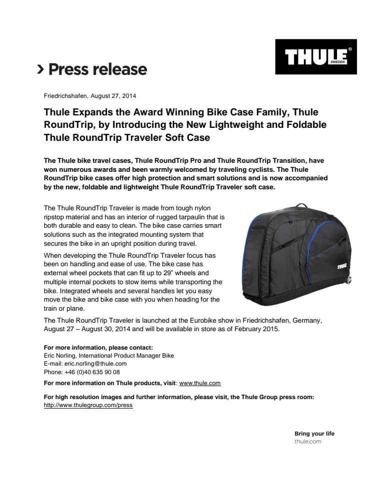Thule Expands the Award Winning Bike Case Family, Thule RoundTrip, by Introducing the New Lightweight and Foldable Thule RoundTrip Traveler Soft Case