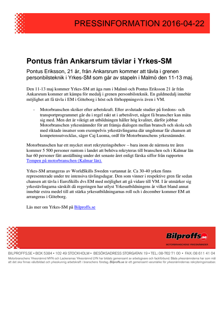 Pontus från Ankarsrum tävlar i Yrkes-SM