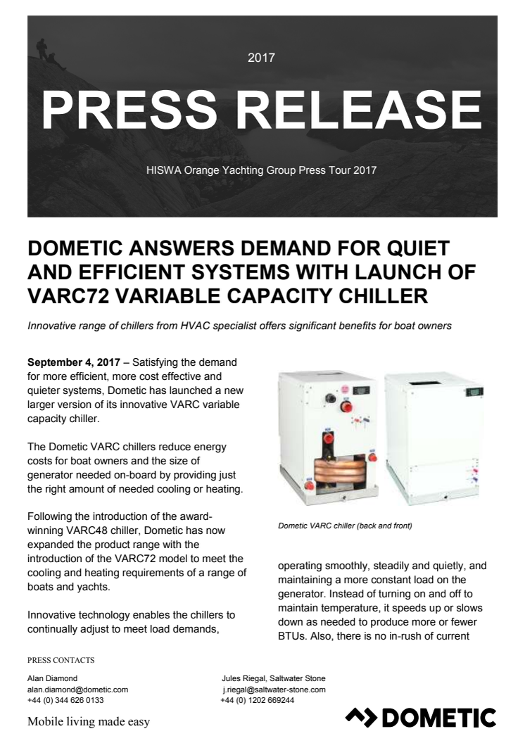Dometic Answers Demand for Quiet and Efficient Systems with Launch Of VARC72 Variable Capacity Chiller