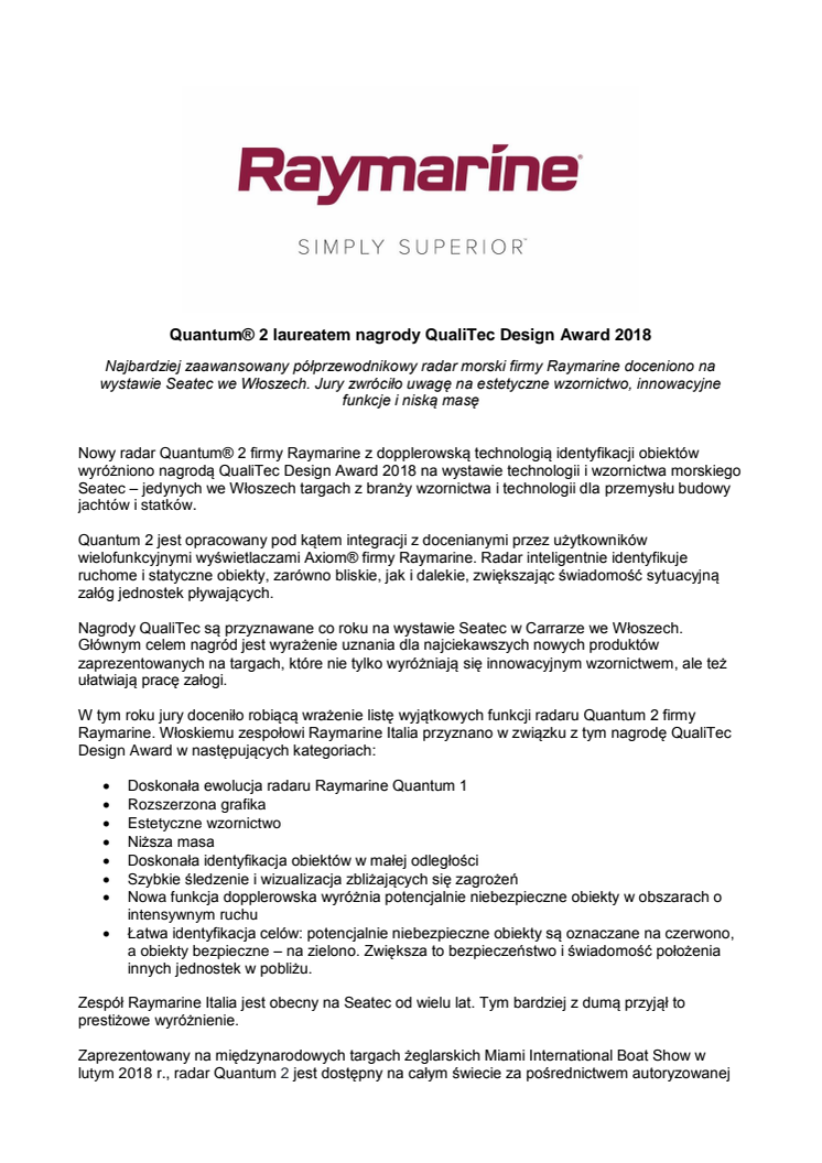 Raymarine: Quantum® 2 laureatem nagrody QualiTec Design Award 2018 