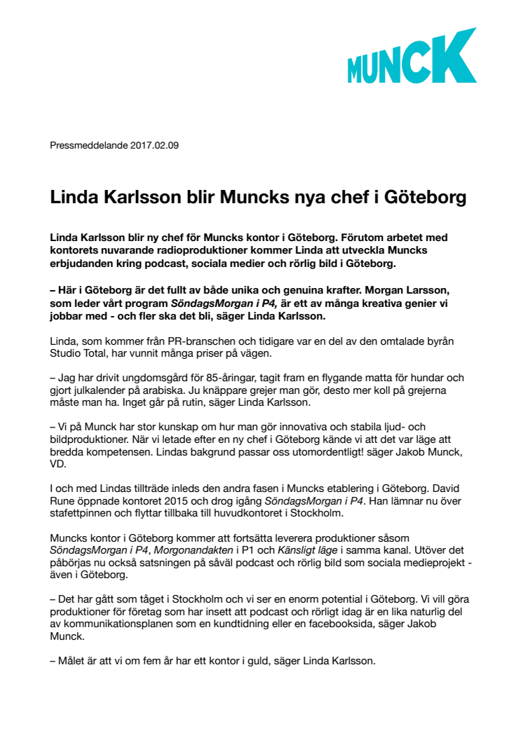 Linda Karlsson blir Muncks nya chef i Göteborg