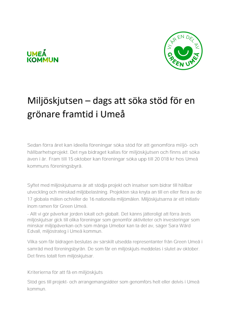 Miljöskjutsen – dags att söka stöd för en grönare framtid i Umeå