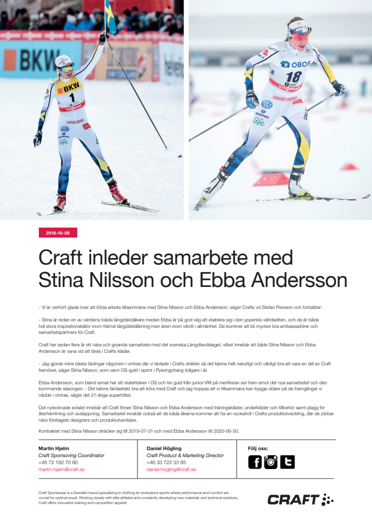 Craft inleder samarbete med Stina Nilsson och Ebba Andersson