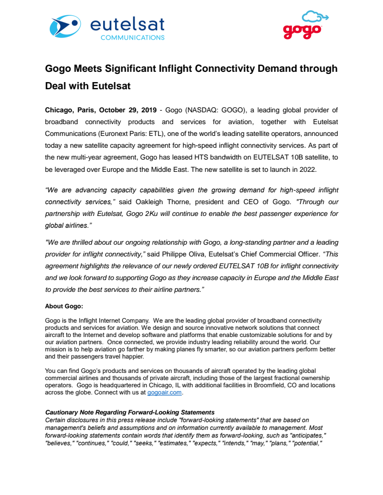 Gogo Meets Significant Inflight Connectivity Demand through Deal with Eutelsat 