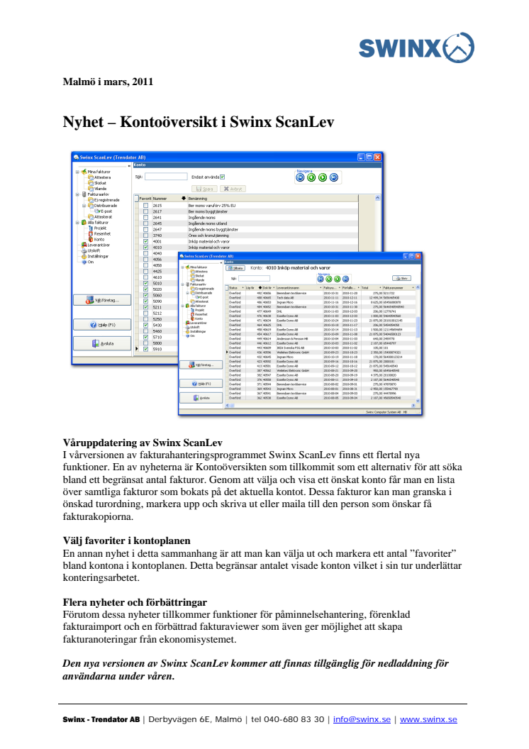 Vårnyhet 1 - Kontoöversikt i Swinx ScanLev