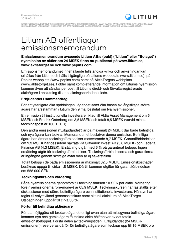 Litium AB offentliggör emissionsmemorandum 
