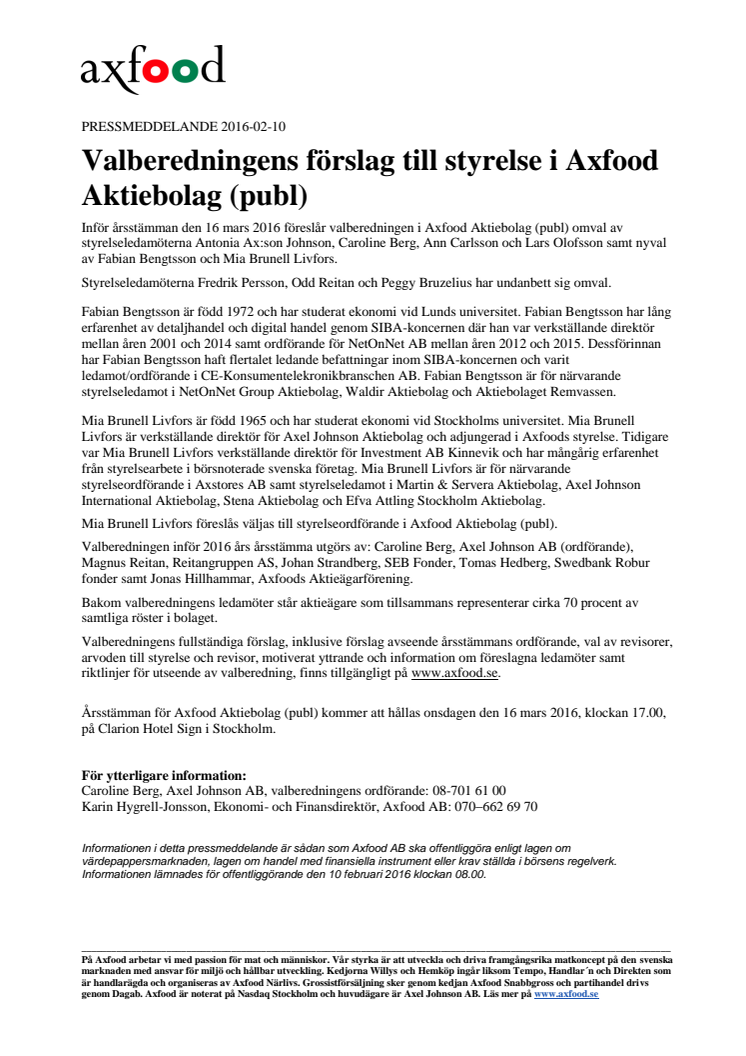 Valberedningens förslag till styrelse i Axfood Aktiebolag (publ)