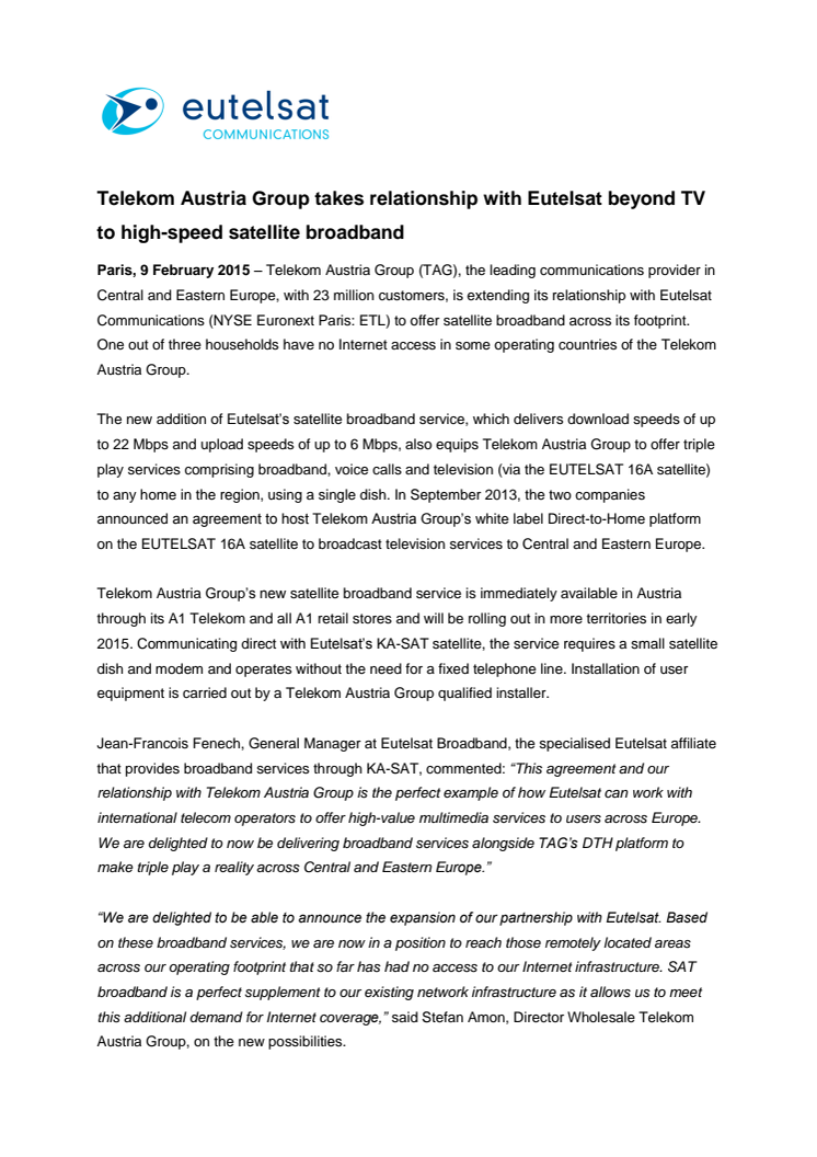 Telekom Austria Group takes relationship with Eutelsat beyond TV to high-speed satellite broadband