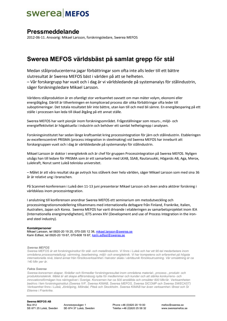 Swerea MEFOS världsbäst på samlat grepp för stål