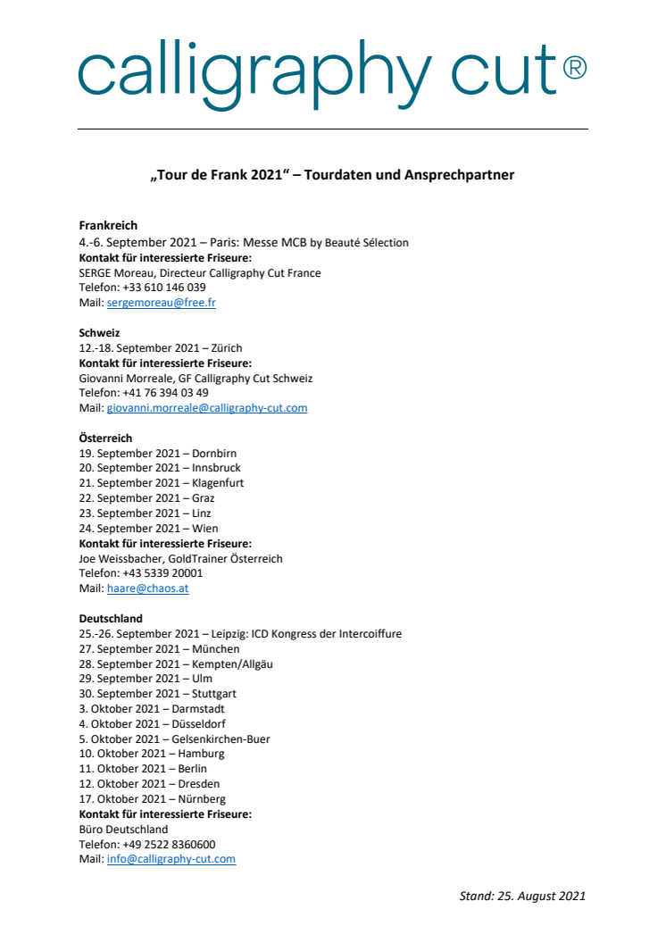 Tour de Frank 2021 - Tourdaten und Ansprechpartner