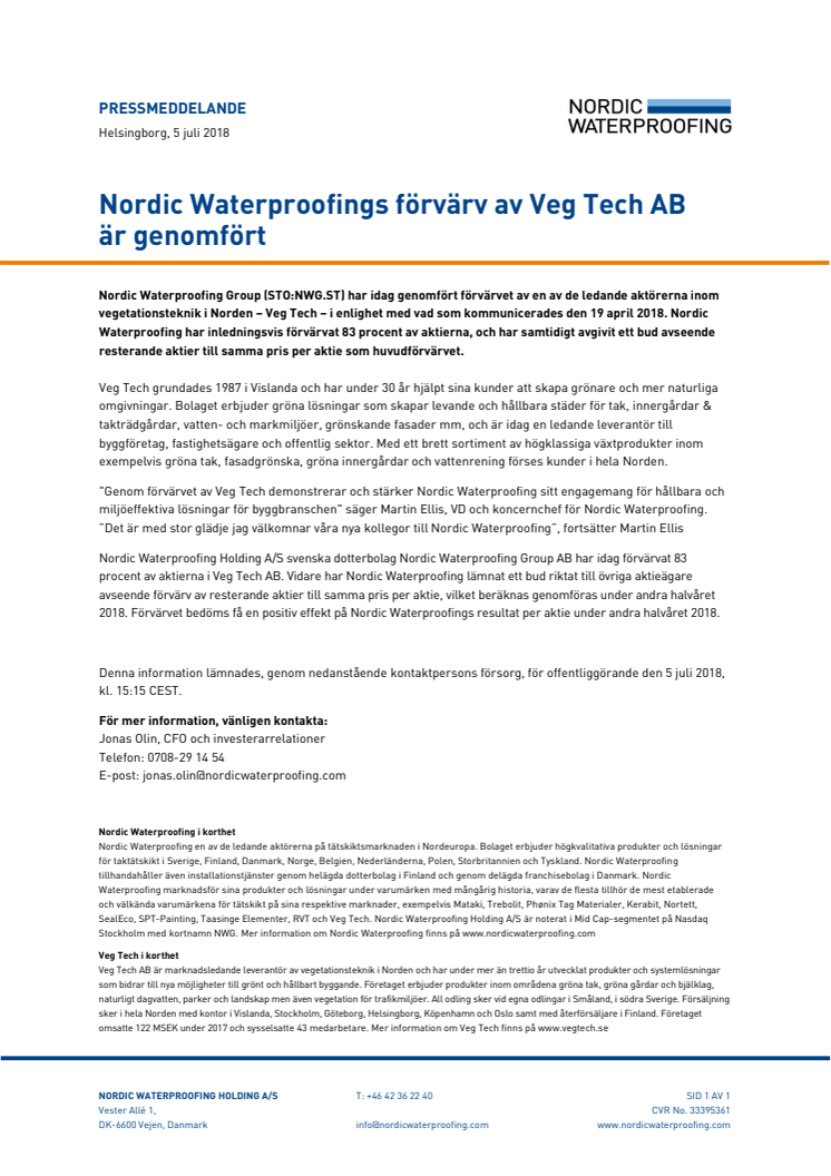 Nordic Waterproofings förvärv av Veg Tech AB är genomfört