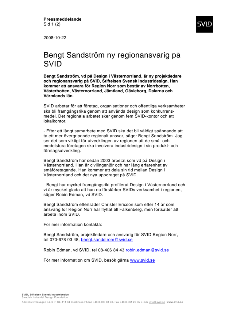Bengt Sandström ny regionansvarig för SVID 