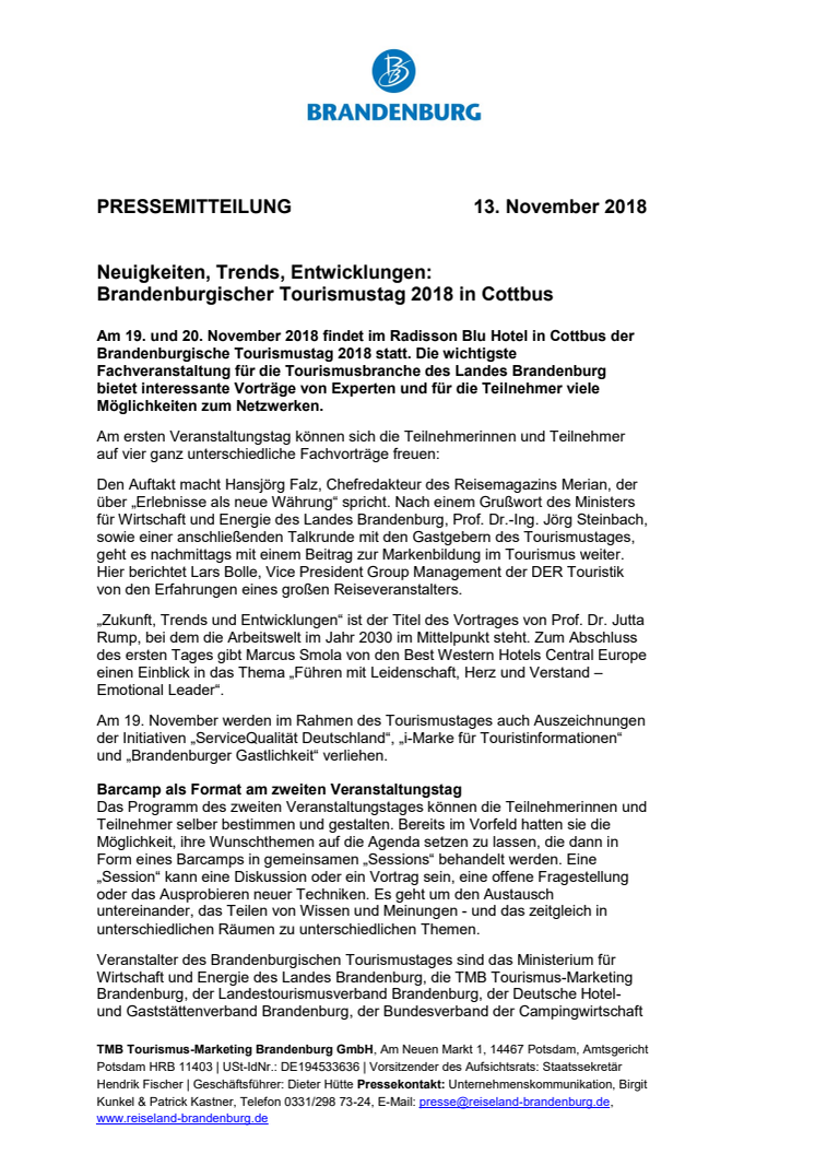 Brandenburgischer Tourismustag 2018 in Cottbus