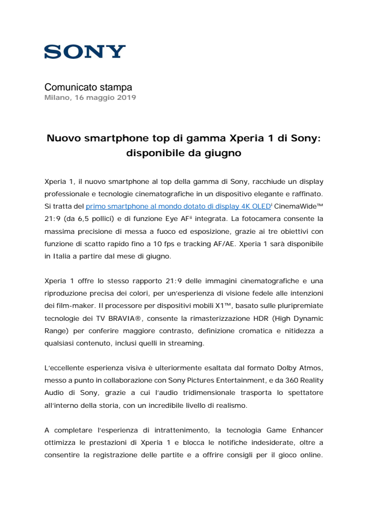 Nuovo smartphone top di gamma Xperia 1 di Sony: disponibile da giugno