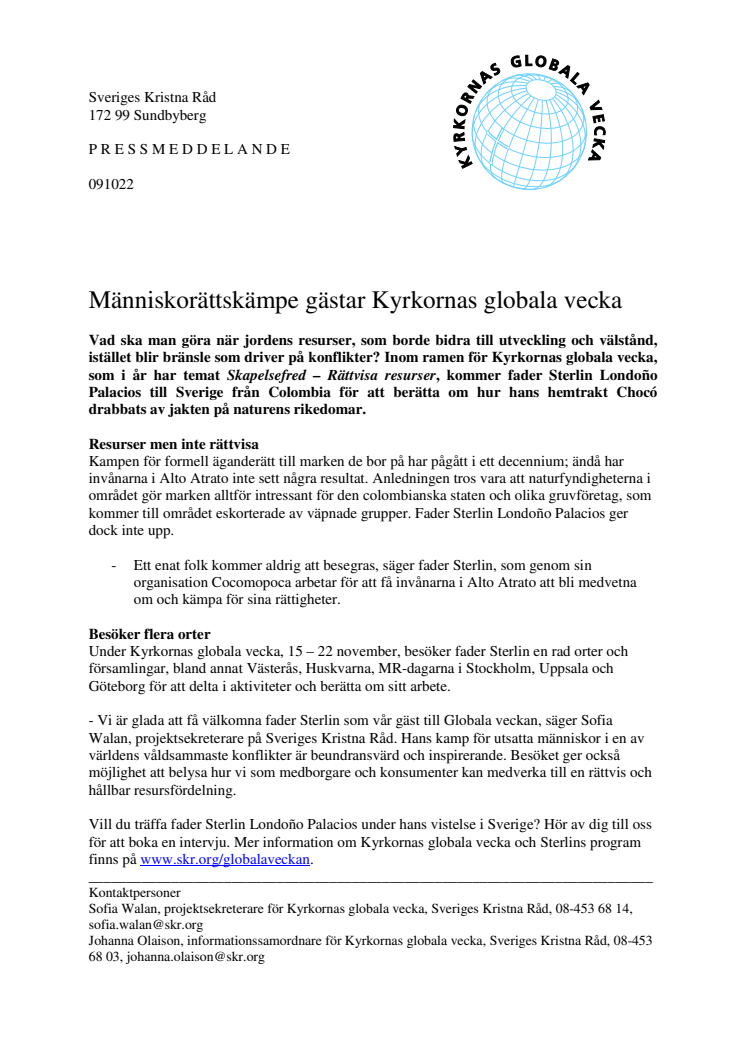 Människorättskämpe gästar Kyrkornas globala vecka