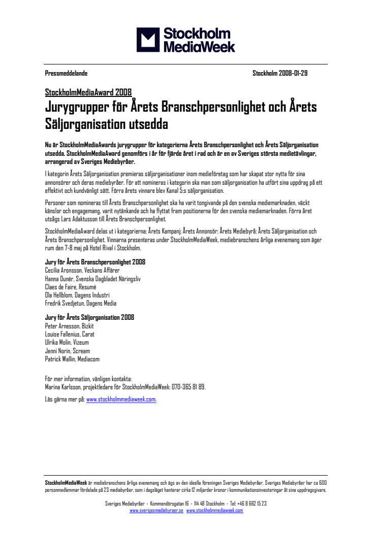 StockholmMediaAward 2008: Jurygrupper utsedda för Årets Branschpersonlighet och Årets Säljorganisation 