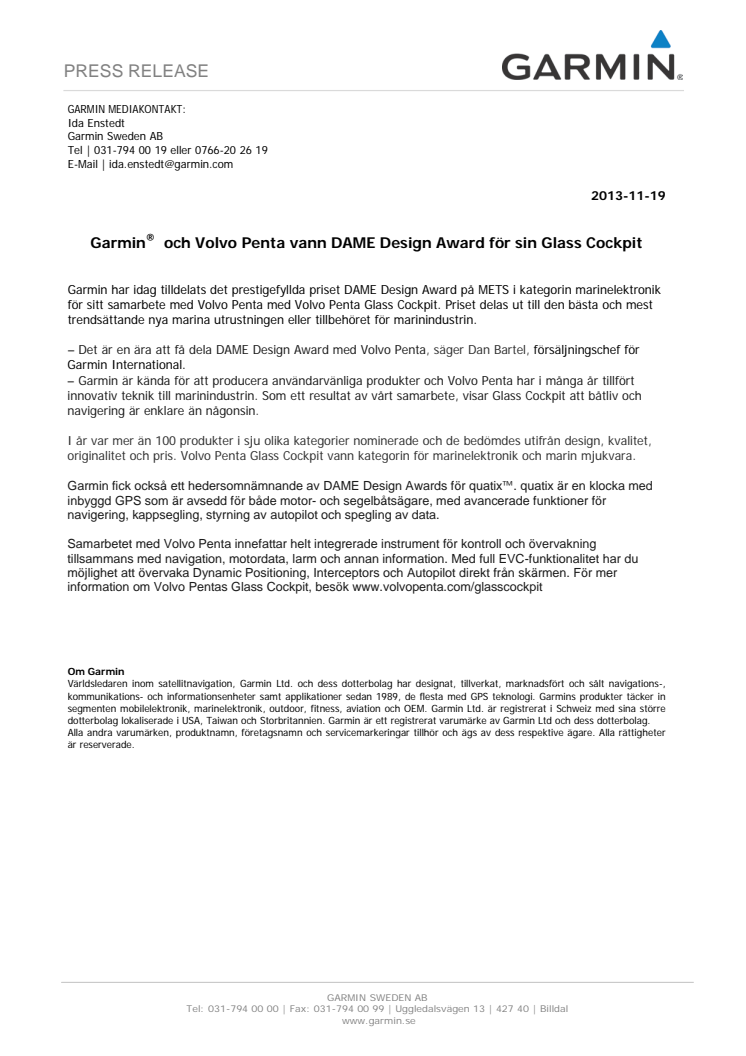 Garmin®  och Volvo Penta vann DAME Design Award för sin Glass Cockpit