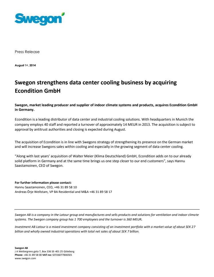 Swegon strengthens data center cooling business by acquiring Econdition GmbH