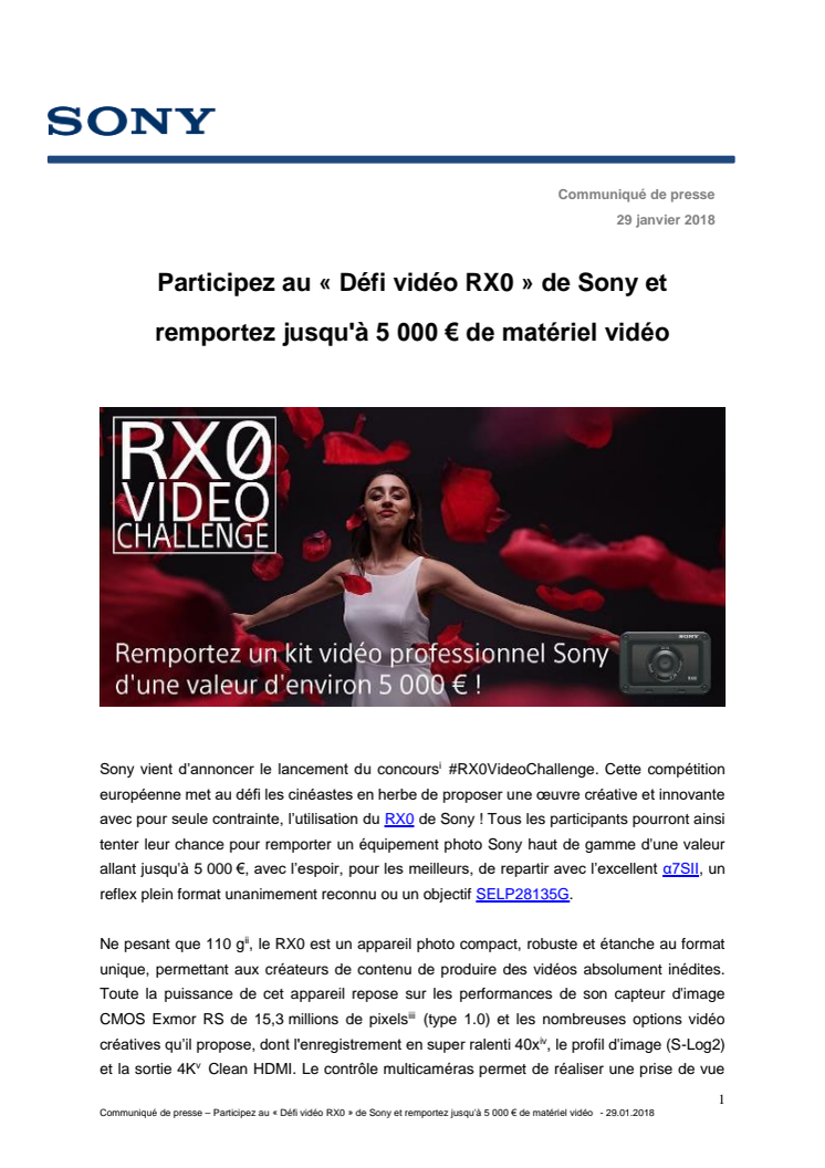 Participez au « Défi vidéo RX0 » de Sony et remportez jusqu'à 5 000 € de matériel vidéo