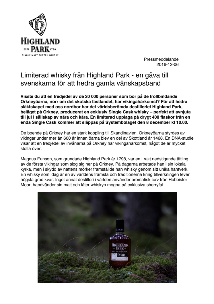 Limiterad whisky från Highland Park - en gåva till svenskarna för att hedra gamla vänskapsband