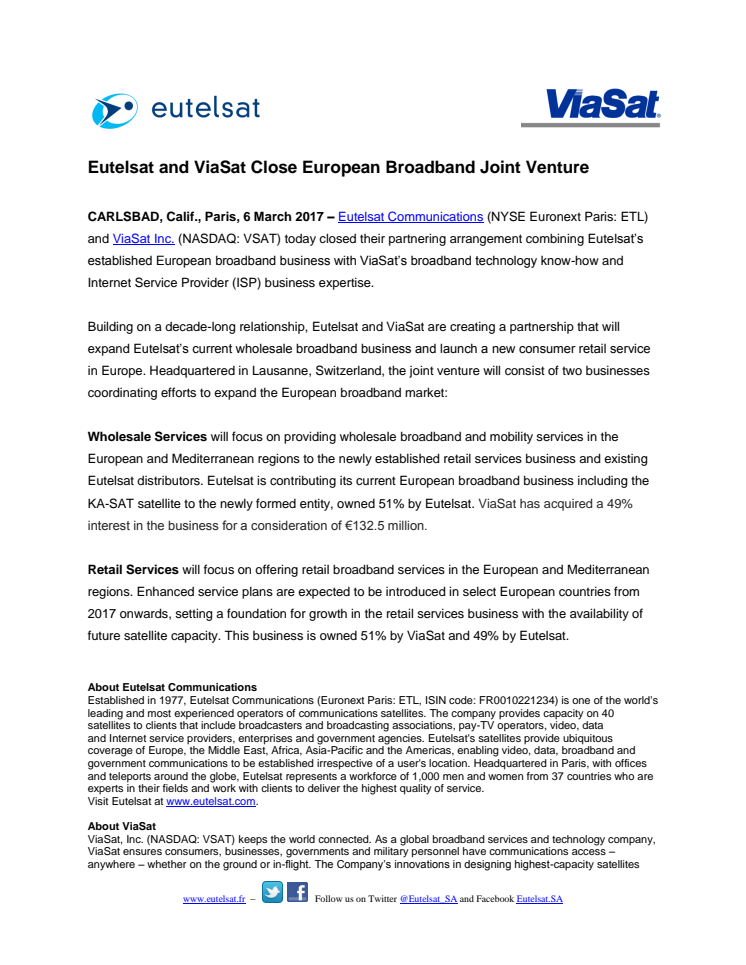 Eutelsat and ViaSat Close European Broadband Joint Venture