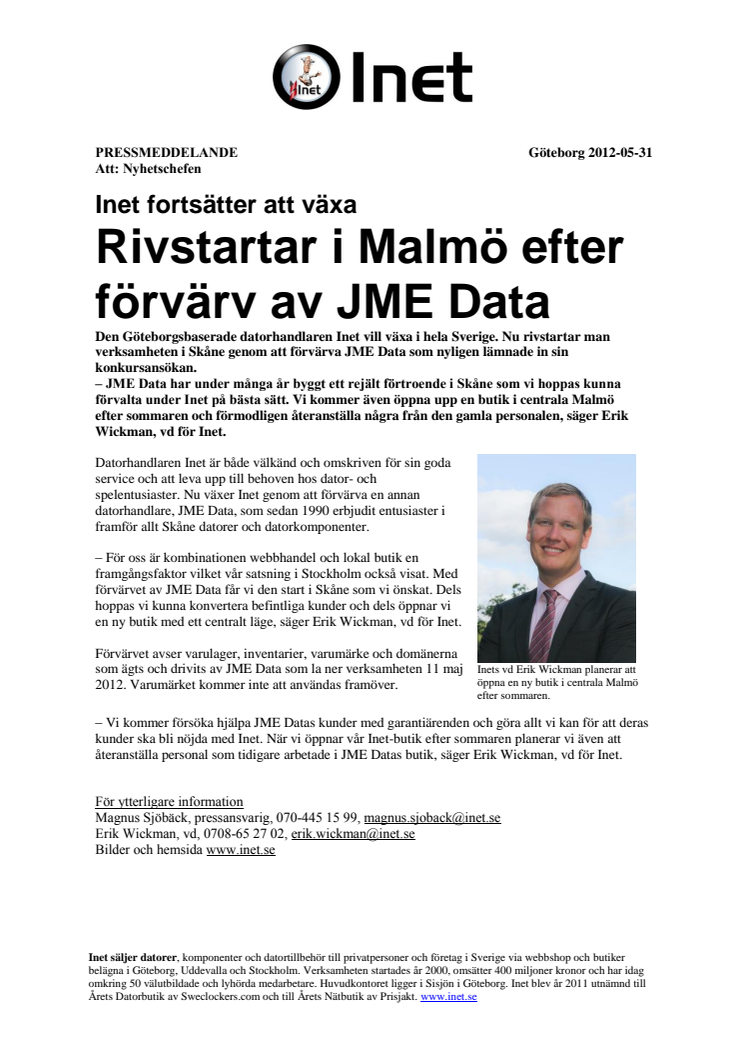 Inet fortsätter att växa - Rivstartar i Malmö efter förvärv av JME Data