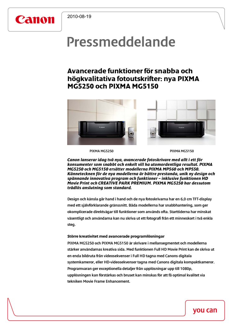 Pressmeddelande PIXMA MG5250 och PIXMA MG5150