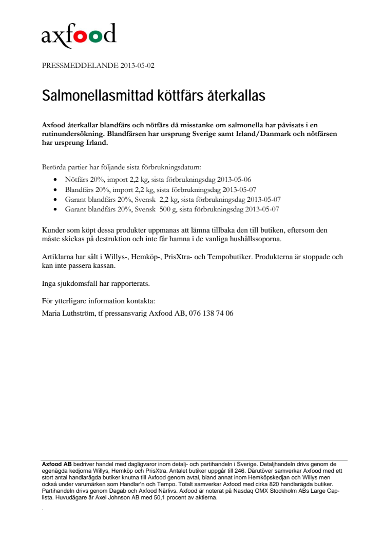 Salmonellasmittad köttfärs återkallas 