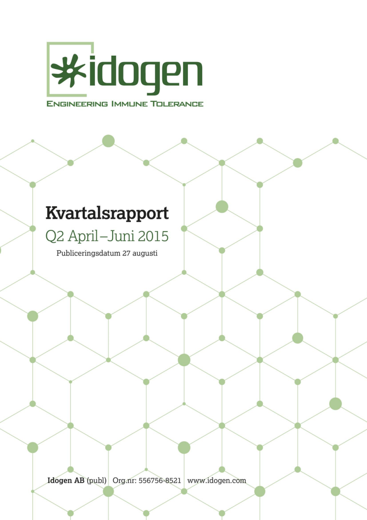 Idogen offentliggör kvartalsrapport för perioden april till juni 2015