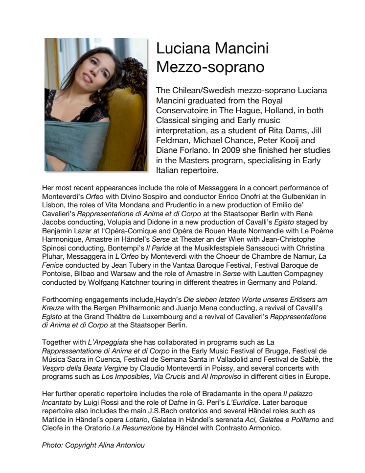 BIO of Luciana Mancini, Mezzo-soprano, Annio in La Clemenza di Tito, Drottningholms Slottsteater 2013