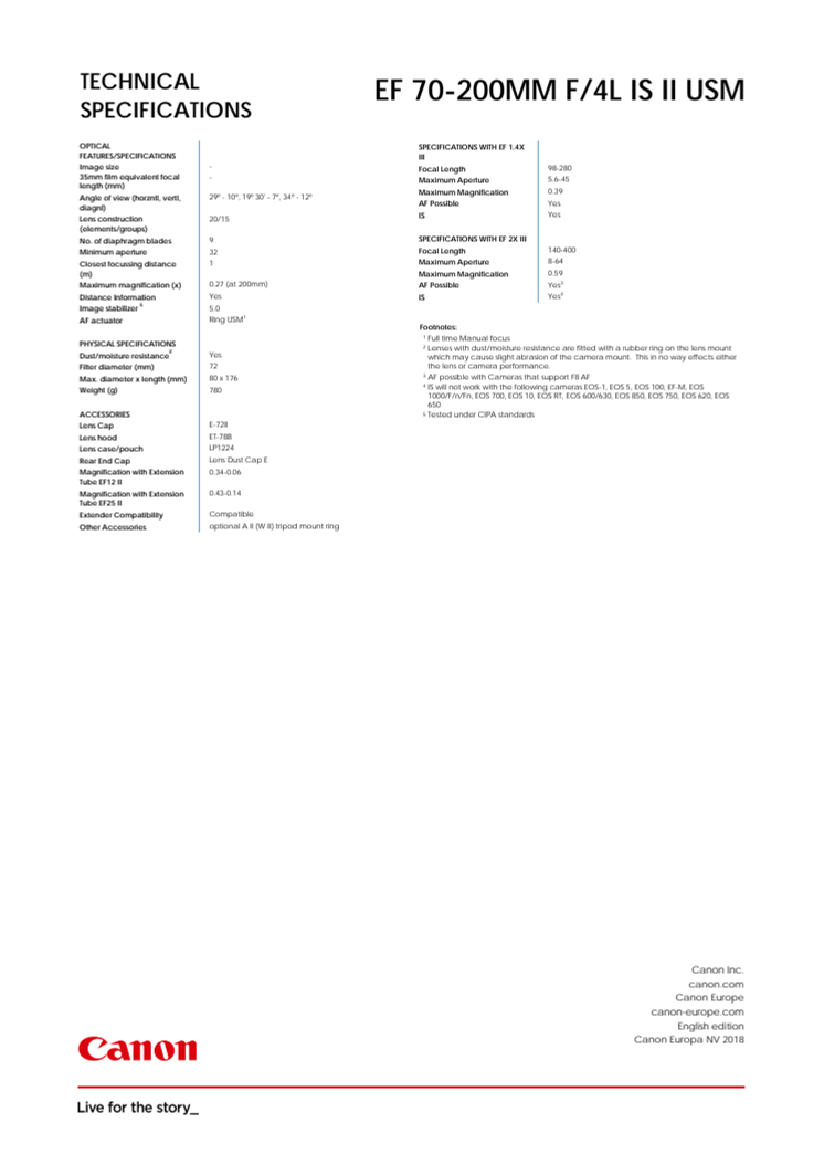 EF 70-200MM F4L IS II USM_PR Spec Sheet