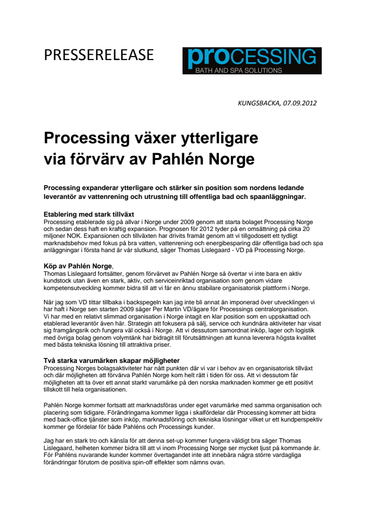 Processing växer ytterligare via förvärv av Pahlén Norge 