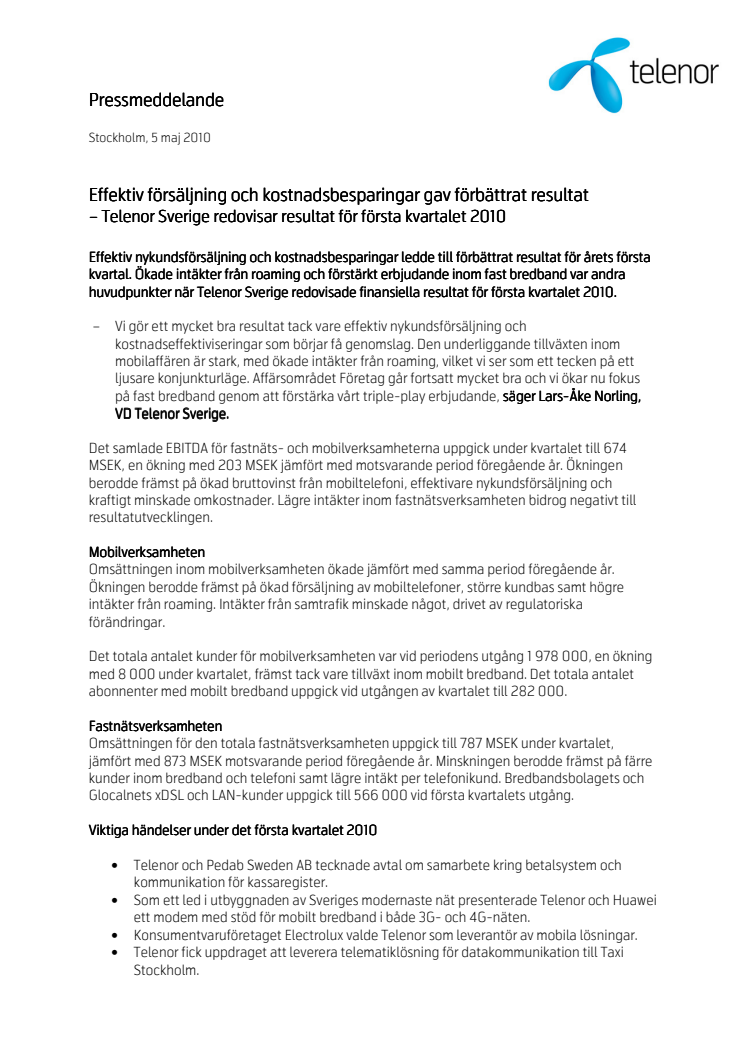 Telenor Sverige redovisar resultat för första kvartalet 2010