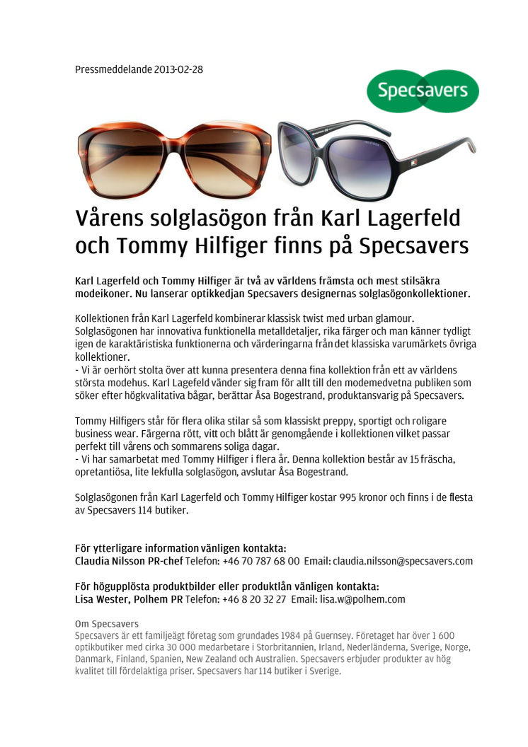 Vårens solglasögon från Karl Lagerfeld och Tommy Hilfiger finns på Specsavers