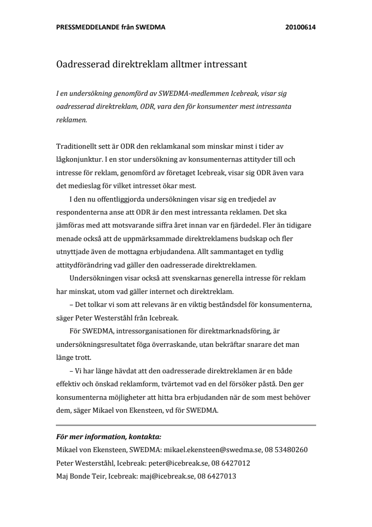 Oadresserad direktreklam alltmer intressant