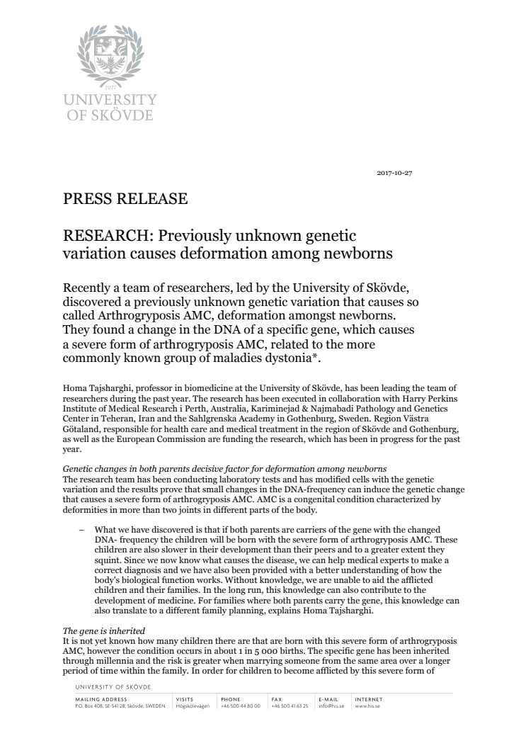 PRESS RELEASE RESEARCH: Previously unknown genetic variation causes deformation among newborns