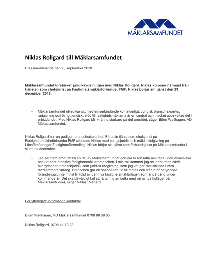 Niklas Rollgard till Mäklarsamfundet