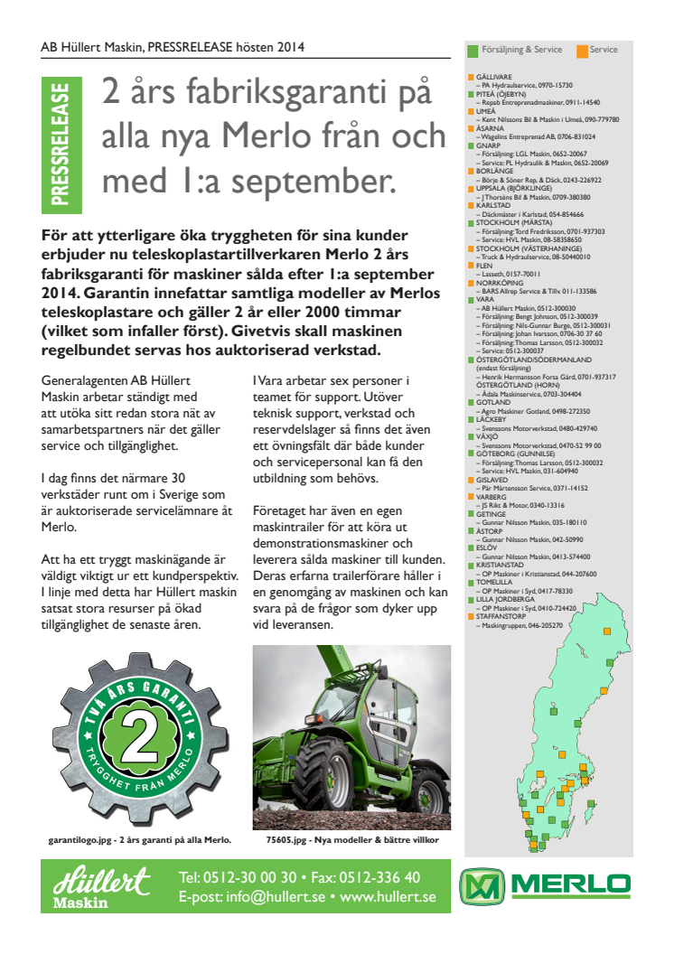 2 års fabriksgaranti på alla nya Merlo från och med 1:a september.