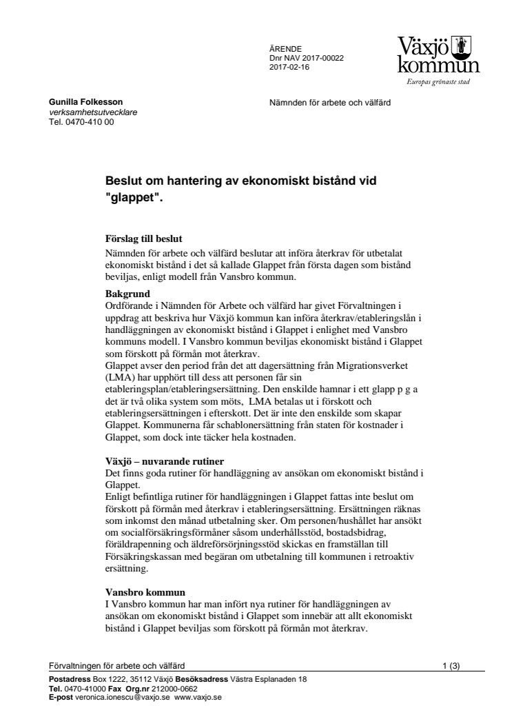 Tjänsteskrivelse Återkrav för utbetalat ekonomsikt bistånd av glappet