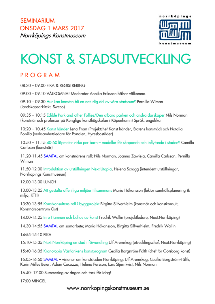 Program, seminarium på Norrköpings konstmuseum 1 mars 2017