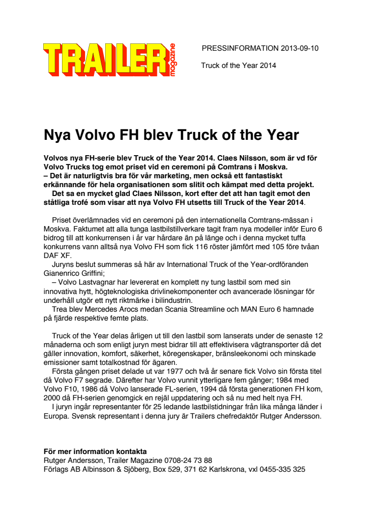 Nya Volvo FH blev Truck of the Year